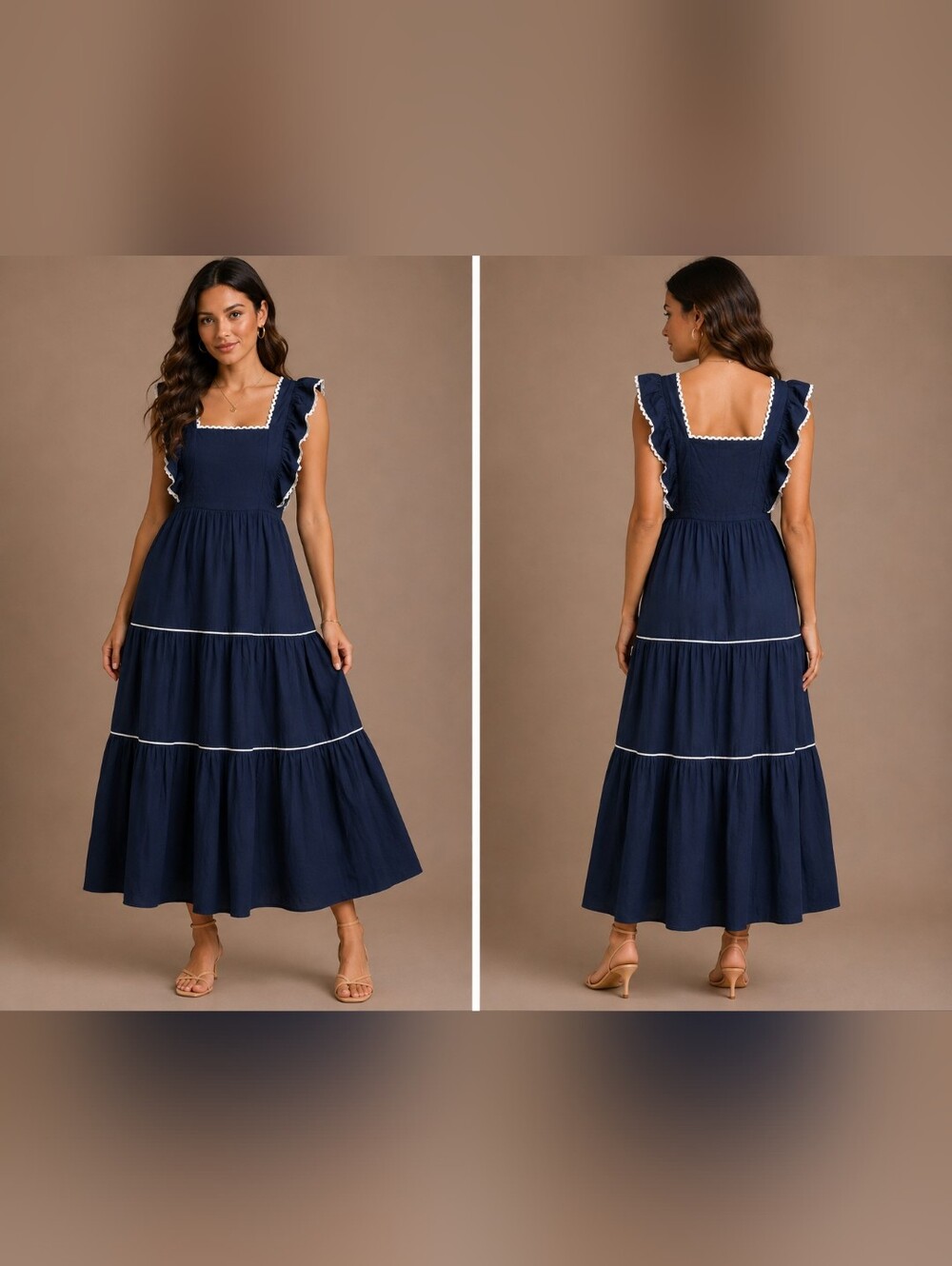 Square-Neck Navy Tiered Maxi Dress with Contrast Trim